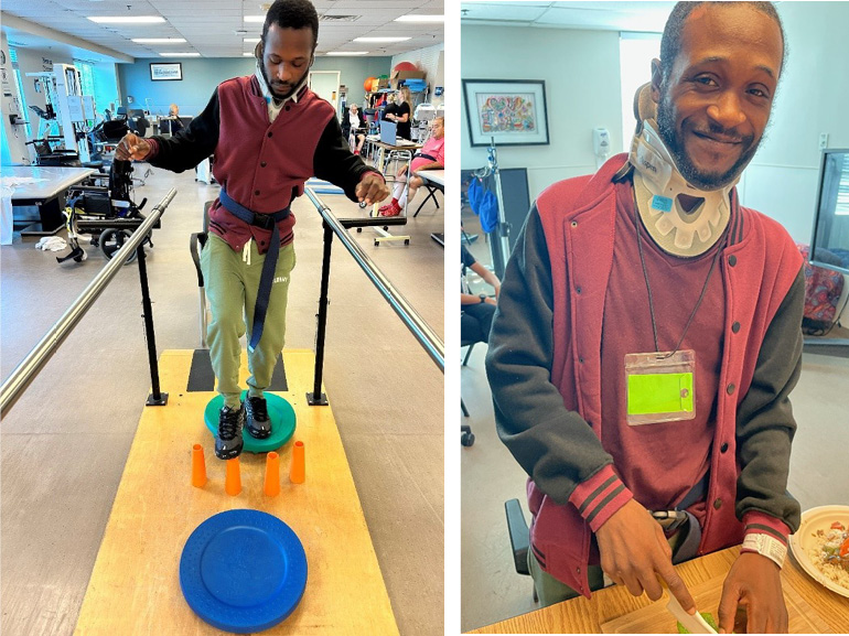 Photos of Tavion Williams doing physical and occupational therapies at Kessler Institute for Rehabilitation.